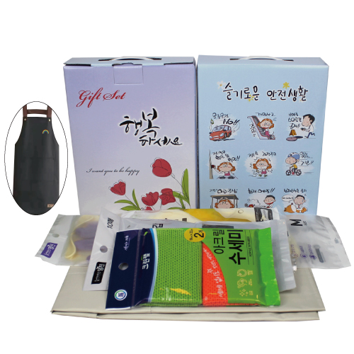 앞치마+투톤 고무장갑+니트릴장갑 10매+아크릴 수세미세트