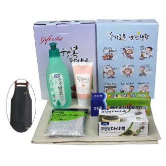 방수앞치마+과일나라 핸드크림, 크린랩 소형+다시백+참그린 주방세제+은사니트 수세미 5종 세트
