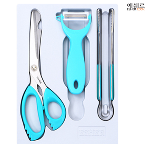 에쉐르 안전 주방가위+프레쉬 야채칼+집게 3종세트