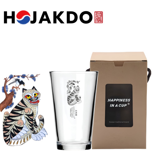 한국전통 까치와 호랑이 호작도 글라스컵 480ml 1P 선물세트