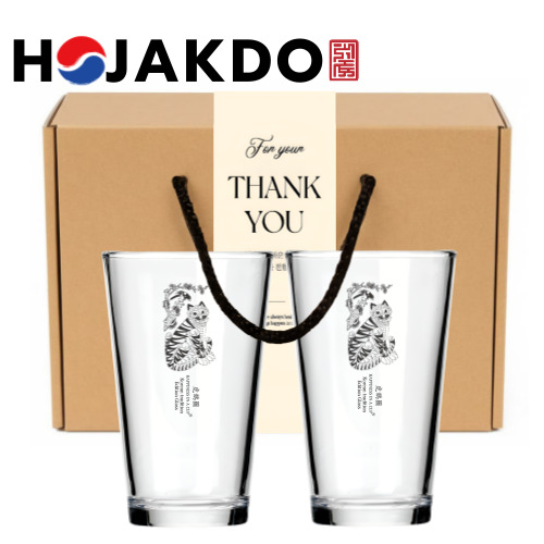 한국전통 까치와 호랑이 호작도 글라스컵 480ml 2P 선물세트