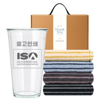 글라스 유리컵 인쇄가능 370ml 송월 스트라이프 호텔 핸드 타올 기프트박스 선물세트
