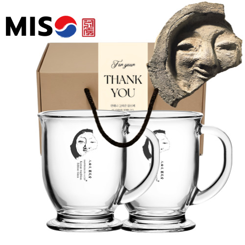 한국전통 얼굴무늬 수막새 신라의 미소 글라스 머그컵 440ml 2P 선물세트