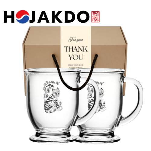 한국전통 까치와호랑이 호작도 글라스 머그컵 440ml 2P 선물세트