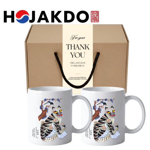 한국전통 까치와호랑이 호작도 도자기 머그 355ml 2P 선물세트