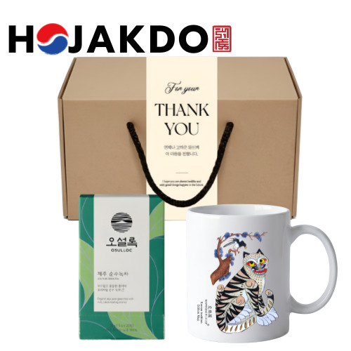 한국전통 까치와호랑이 호작도 도자기 머그 355ml 오설록 티백 선물세트