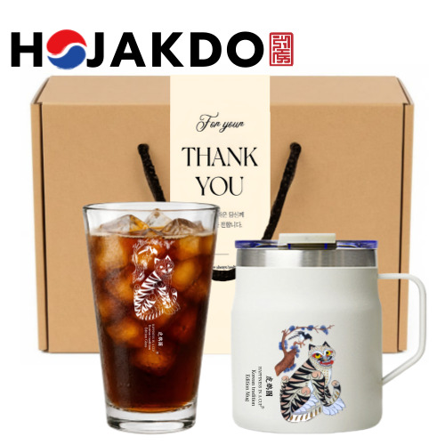 한국전통 까치와호랑이 호작도 파우더 스텐 머그컵 380ml 샤이닝 글라스 선물세트
