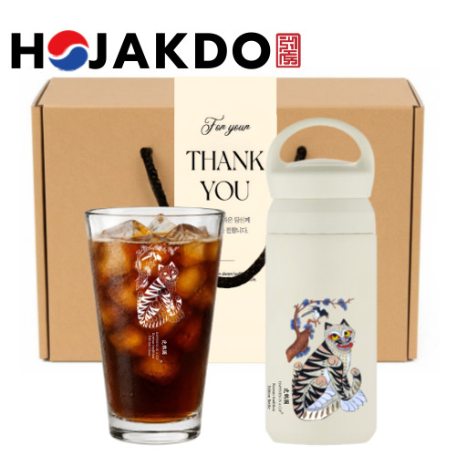 한국전통 까치와호랑이 호작도 데이오프 텀블러 350ml 샤이닝 글라스 선물세트