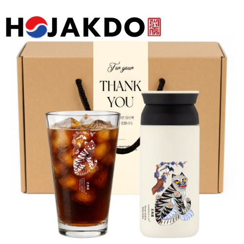 한국전통 까치와호랑이 호작도 트레블 텀블러 350ml 샤이닝 글라스 선물세트