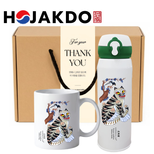 한국전통 민화 호작도 까치와 호랑이 원터치 텀블러 500ml 도자기 머그 선물세트