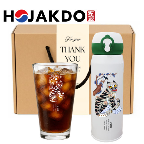 한국전통 민화 호작도 까치와 호랑이 원터치 텀블러 500ml 샤이닝 글라스컵 선물세트