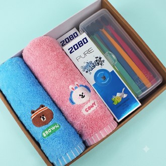 라인프렌즈 코마사 40수 타올 2P+2080  퓨어치약 2종 + AR 초극세모칫솔 5P+휴대용케이스 대형