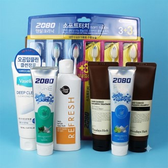 소프트터치 3+3 칫솔+2080 퓨어치약 2종+바세린 클렌징폼+애경 바디워시+나드 데미지리페어링 샴푸+트리트먼트